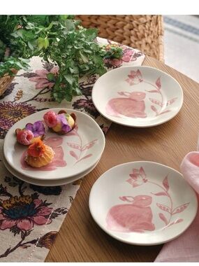 Threshold 4 pk 6" Easter Stoneware Aralia Appetizer Plates Hand Painted Pink NEW